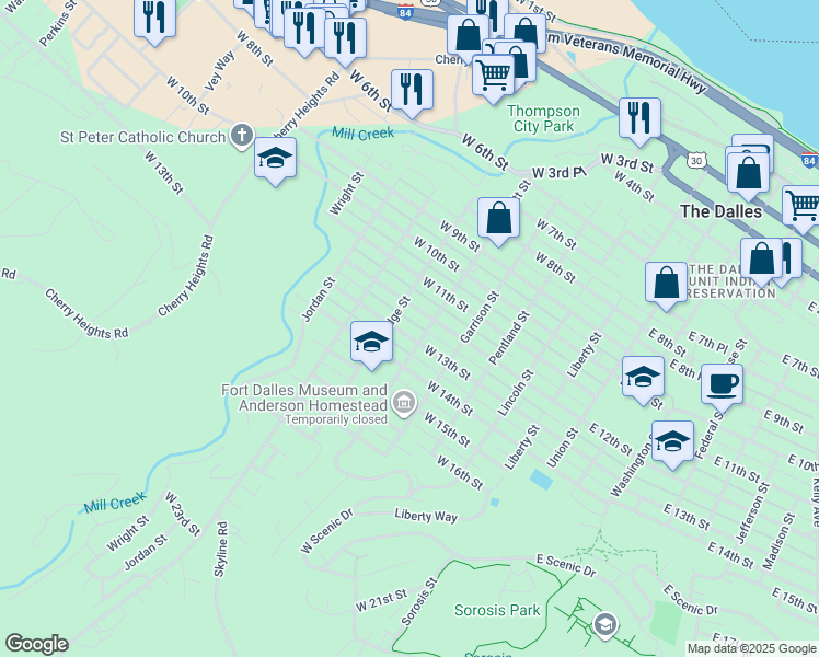 map of restaurants, bars, coffee shops, grocery stores, and more near 609 West 13th Street in The Dalles