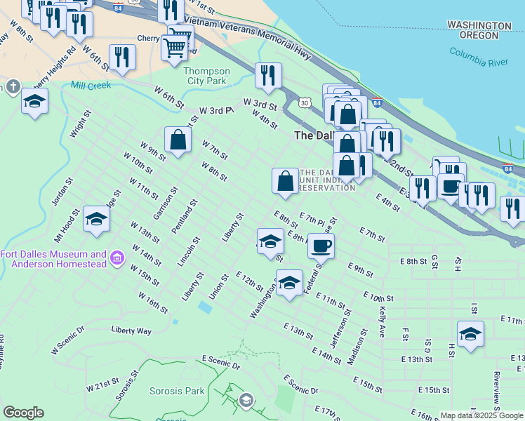 map of restaurants, bars, coffee shops, grocery stores, and more near 100 West 8th Street in The Dalles