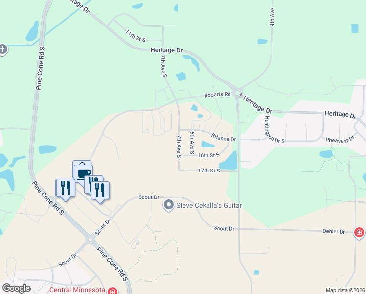 map of restaurants, bars, coffee shops, grocery stores, and more near 1520 7th Avenue South in Sartell