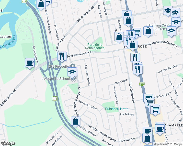 map of restaurants, bars, coffee shops, grocery stores, and more near 301 Rue P.-É Borduas in Laval