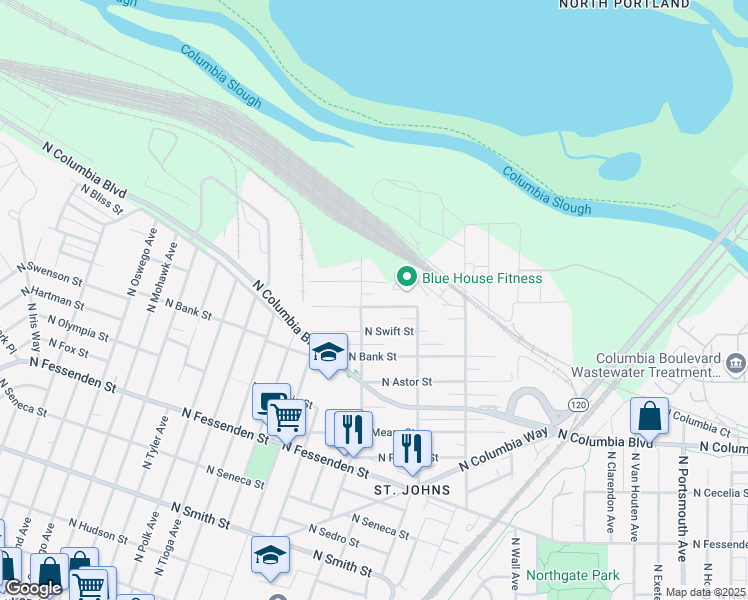 map of restaurants, bars, coffee shops, grocery stores, and more near 6929 North Armour Street in Portland