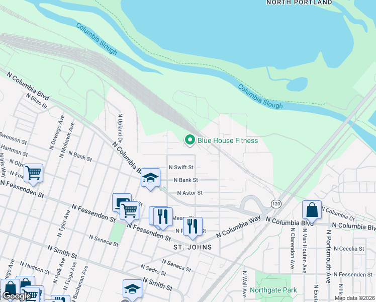 map of restaurants, bars, coffee shops, grocery stores, and more near 6821 North Armour Street in Portland