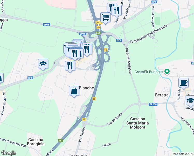 map of restaurants, bars, coffee shops, grocery stores, and more near 28 Via Trento in Torri Bianche