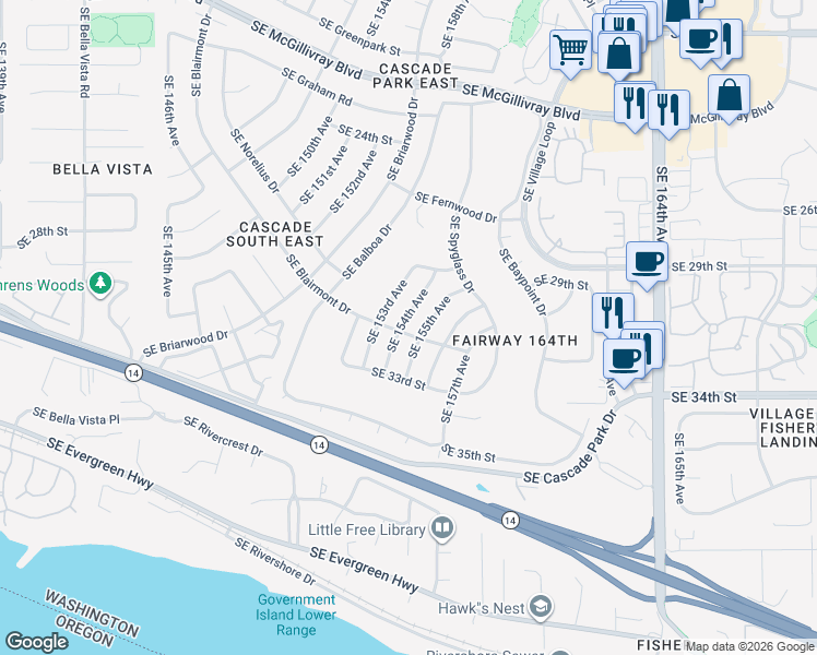 map of restaurants, bars, coffee shops, grocery stores, and more near 3019 Southeast 154th Avenue in Vancouver