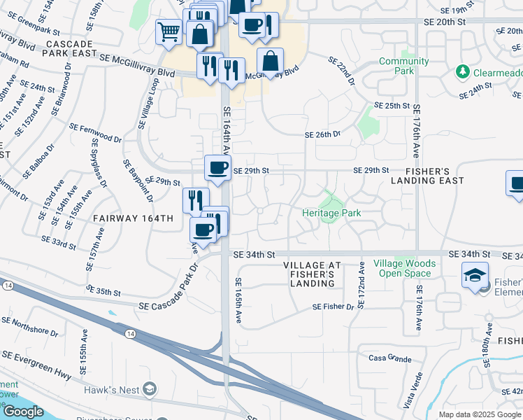 map of restaurants, bars, coffee shops, grocery stores, and more near 3100 Southeast 168th Avenue in Vancouver