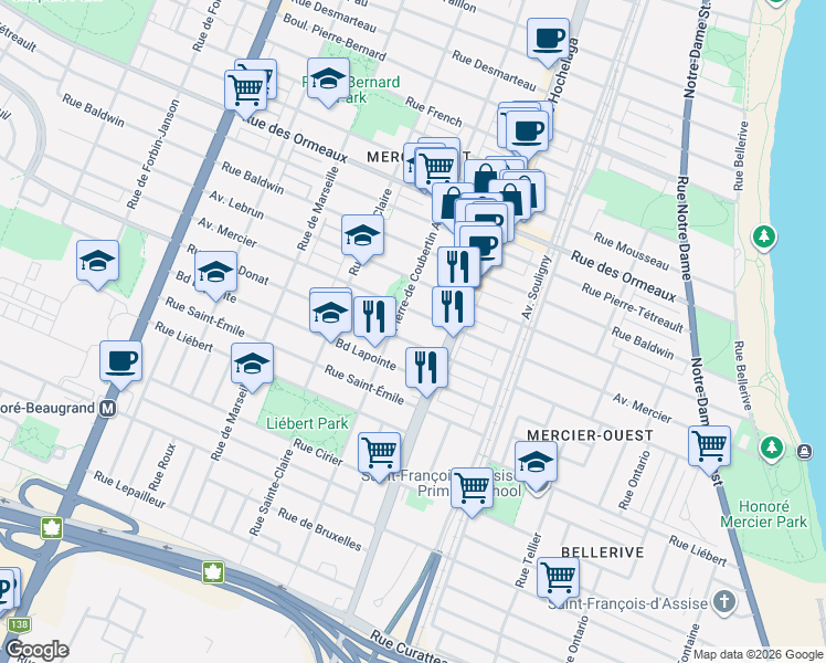 map of restaurants, bars, coffee shops, grocery stores, and more near 2581 Rue Saint-Donat in Montréal