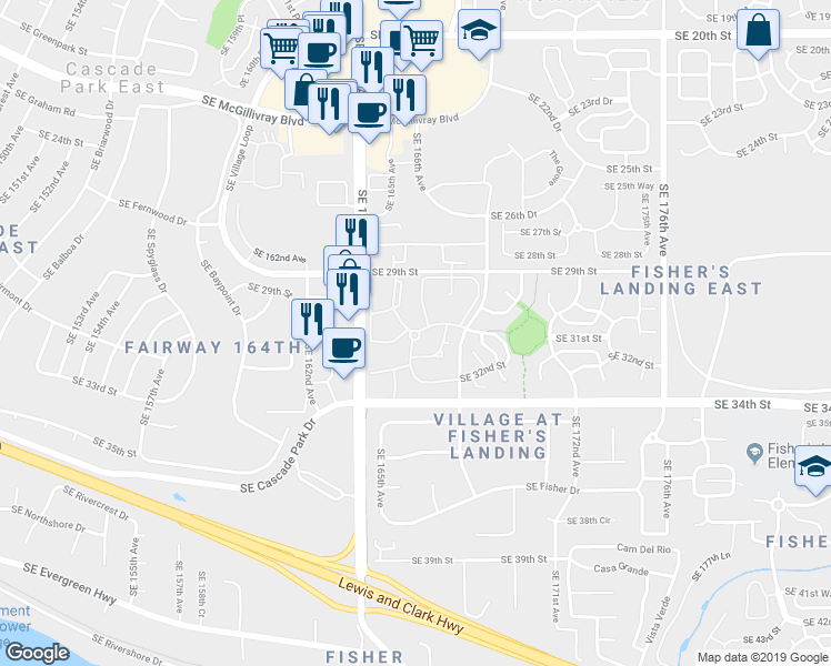 map of restaurants, bars, coffee shops, grocery stores, and more near 3100 Southeast 168th Avenue in Vancouver