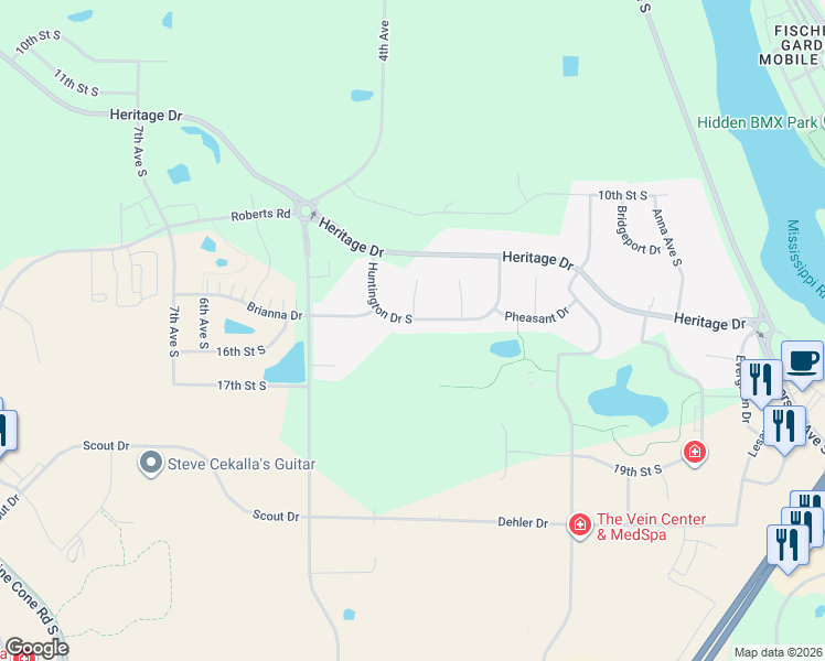 map of restaurants, bars, coffee shops, grocery stores, and more near 616 Huntington Drive South in Sartell