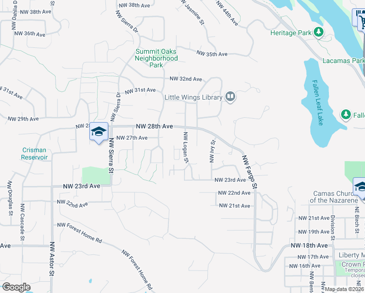 map of restaurants, bars, coffee shops, grocery stores, and more near 1317 Northwest 26th Avenue in Camas