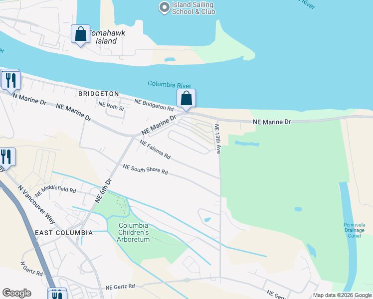 map of restaurants, bars, coffee shops, grocery stores, and more near 1018 Northeast Mariners Loop in Portland