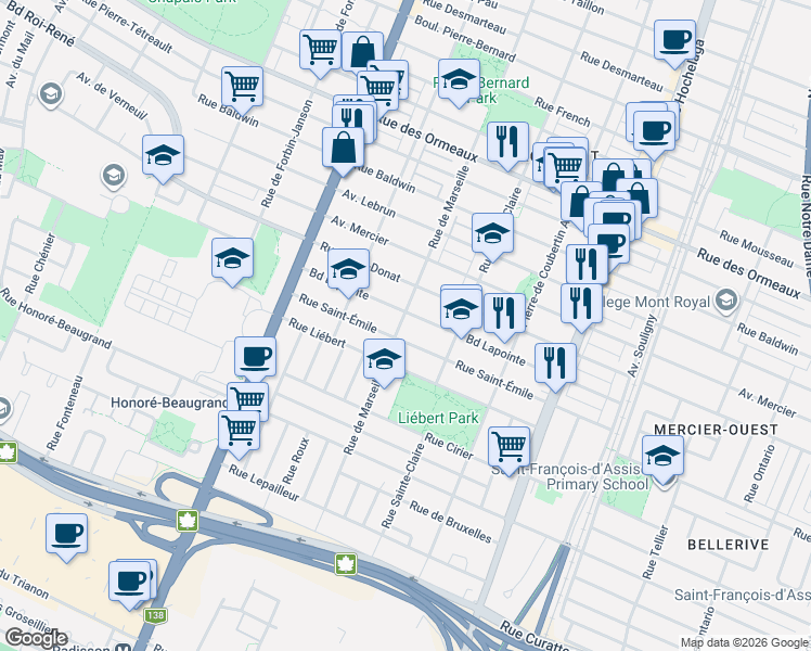 map of restaurants, bars, coffee shops, grocery stores, and more near 8262 Rue de Marseille in Montréal