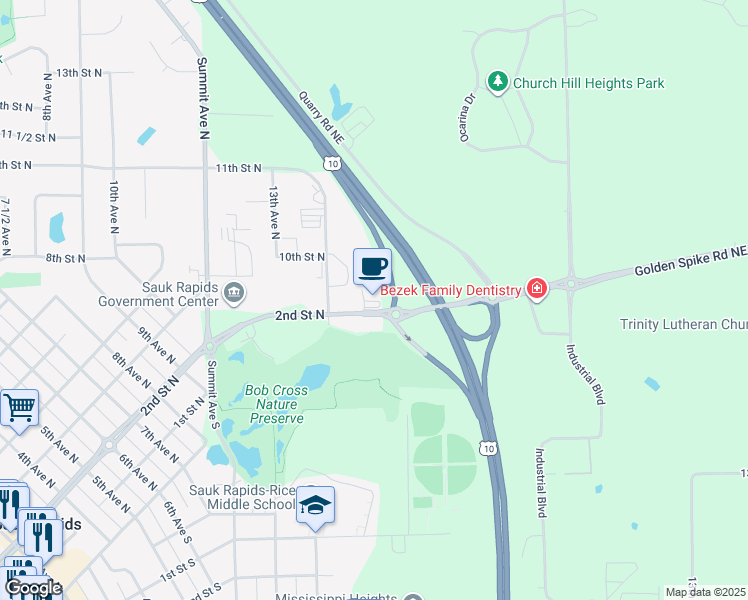 map of restaurants, bars, coffee shops, grocery stores, and more near 1423 2nd Street North in Sauk Rapids