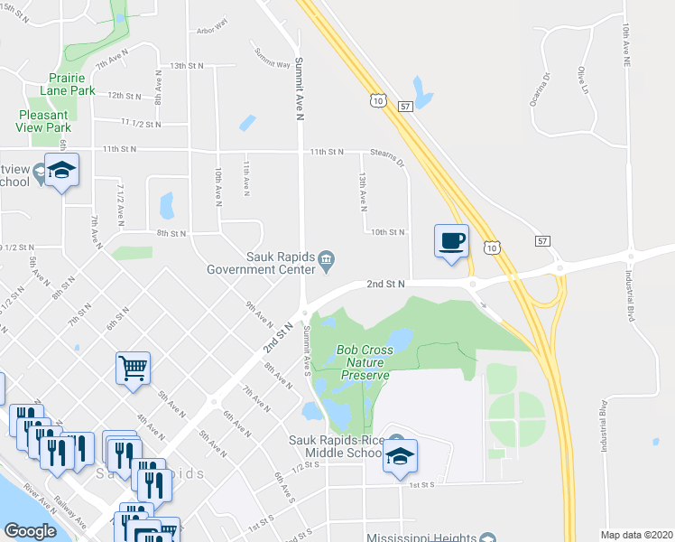 map of restaurants, bars, coffee shops, grocery stores, and more near 1239 2nd Street North in Sauk Rapids
