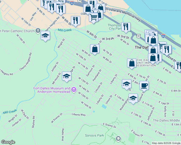 map of restaurants, bars, coffee shops, grocery stores, and more near 422 West 11th Street in The Dalles