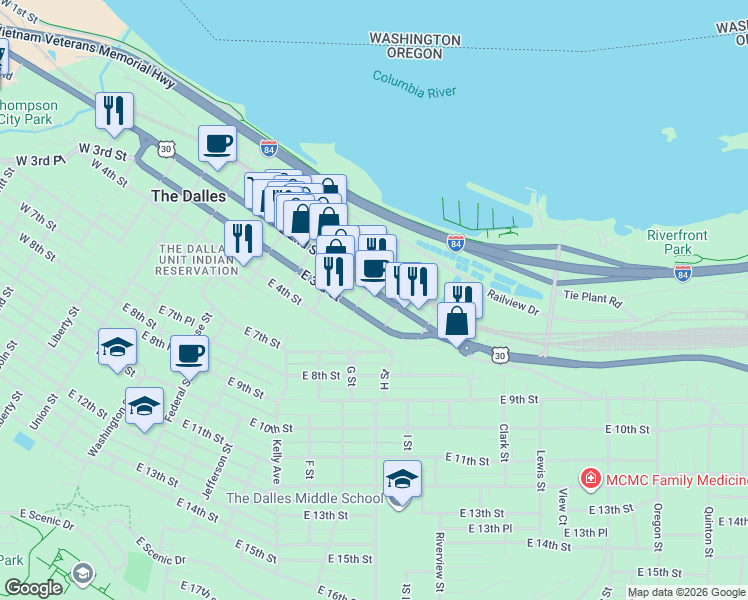 map of restaurants, bars, coffee shops, grocery stores, and more near 700 East 2nd Street in The Dalles