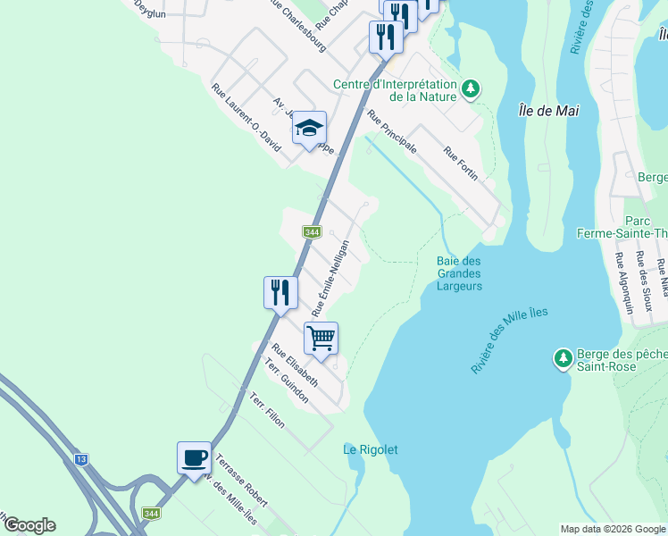 map of restaurants, bars, coffee shops, grocery stores, and more near Avenue Gabrielle-Roy in Boisbriand