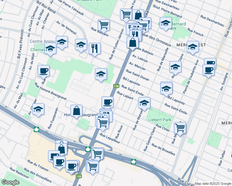 map of restaurants, bars, coffee shops, grocery stores, and more near 3380 Rue Liébert in Montréal