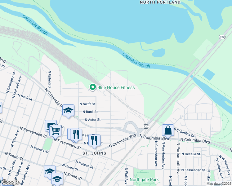 map of restaurants, bars, coffee shops, grocery stores, and more near 10425 North Bloss Avenue in Portland