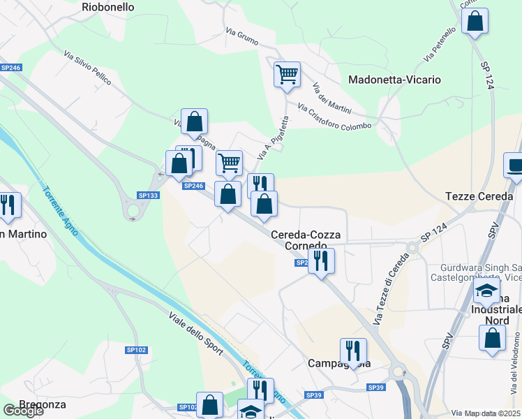 map of restaurants, bars, coffee shops, grocery stores, and more near 55 Via Monte Verlaldo in Cereda-cozza Cornedo