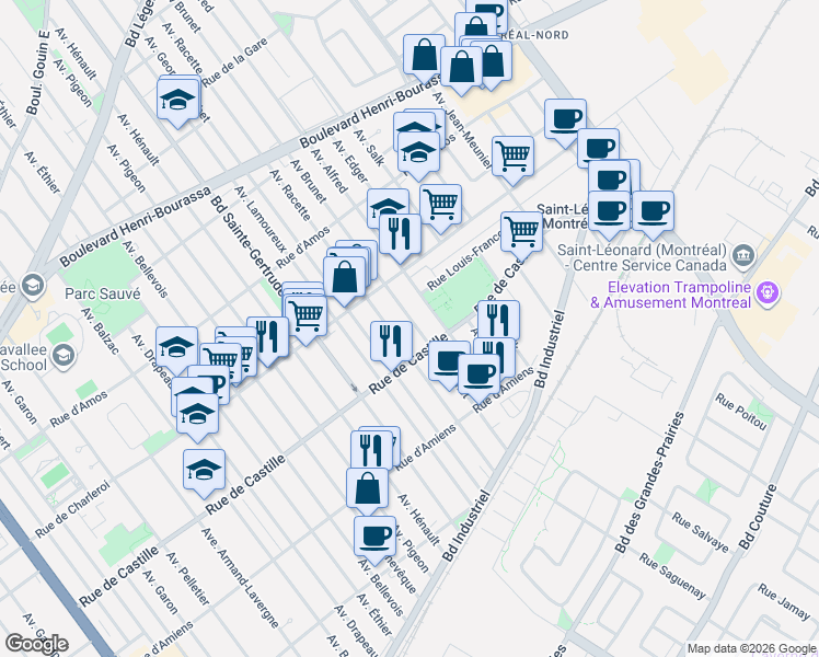 map of restaurants, bars, coffee shops, grocery stores, and more near 10958 Avenue Brunet in Montréal