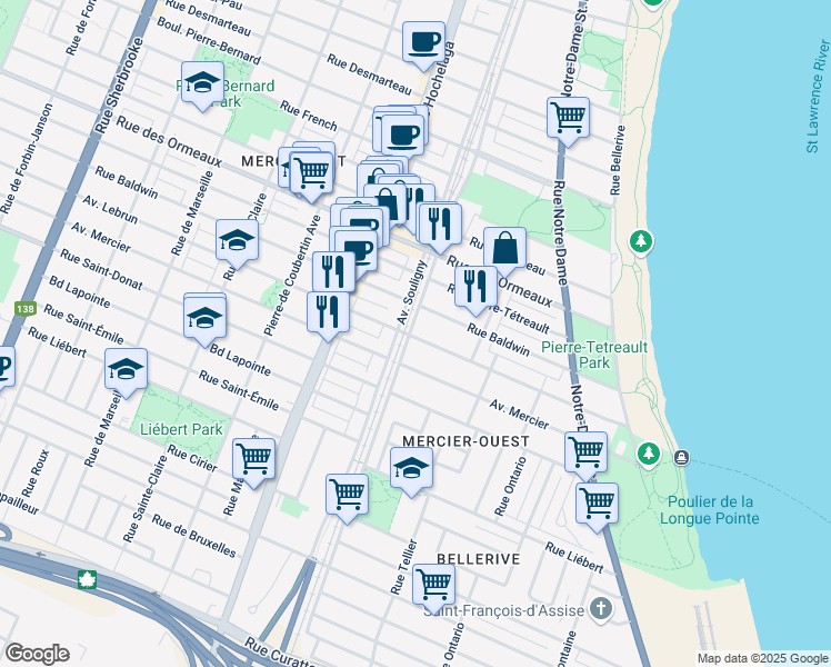 map of restaurants, bars, coffee shops, grocery stores, and more near 2245 Avenue Lebrun in Montreal