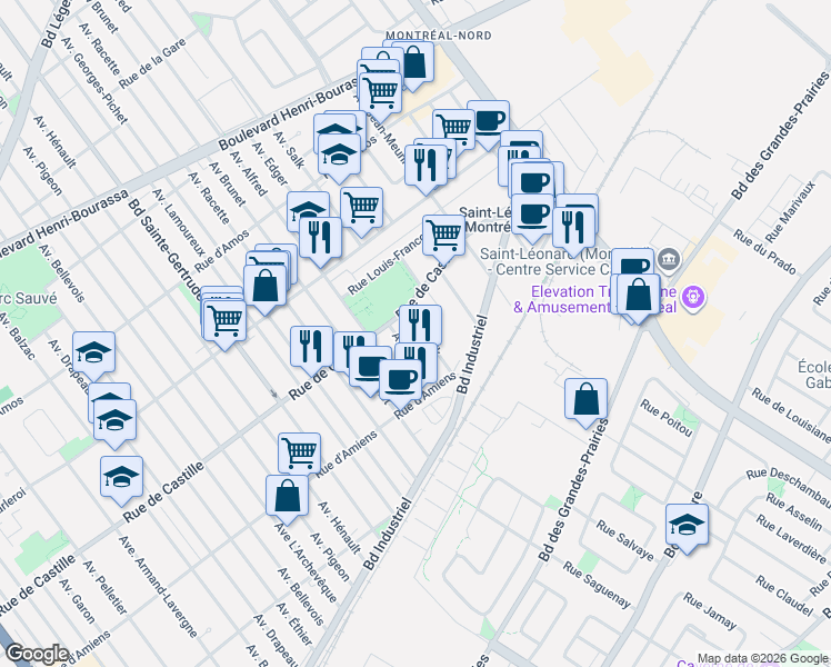 map of restaurants, bars, coffee shops, grocery stores, and more near 10808 Avenue Salk in Montréal