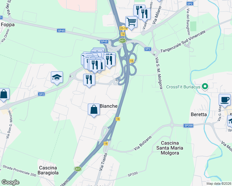 map of restaurants, bars, coffee shops, grocery stores, and more near 30 Via Trento in Torri Bianche
