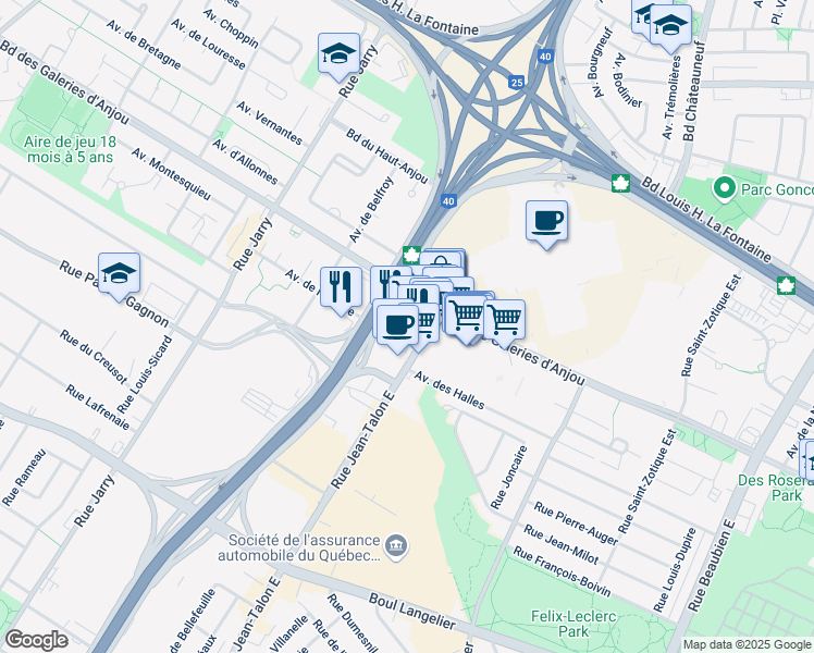 map of restaurants, bars, coffee shops, grocery stores, and more near 7000 Boulevard Métropolitain Est in Montréal