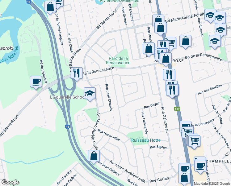 map of restaurants, bars, coffee shops, grocery stores, and more near 291 Rue P. E. Borduas in Laval