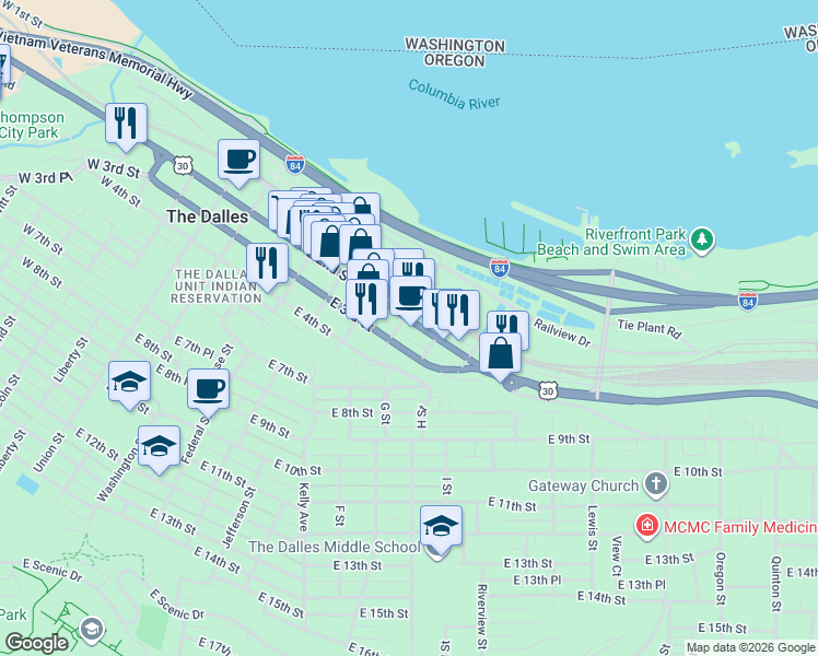 map of restaurants, bars, coffee shops, grocery stores, and more near 693 East 3rd Street in The Dalles