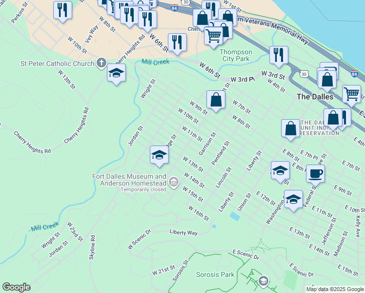 map of restaurants, bars, coffee shops, grocery stores, and more near 609 West 13th Street in The Dalles