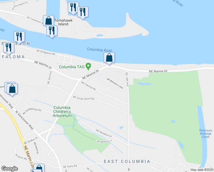 map of restaurants, bars, coffee shops, grocery stores, and more near 1006 Northeast Mariners Loop in Portland