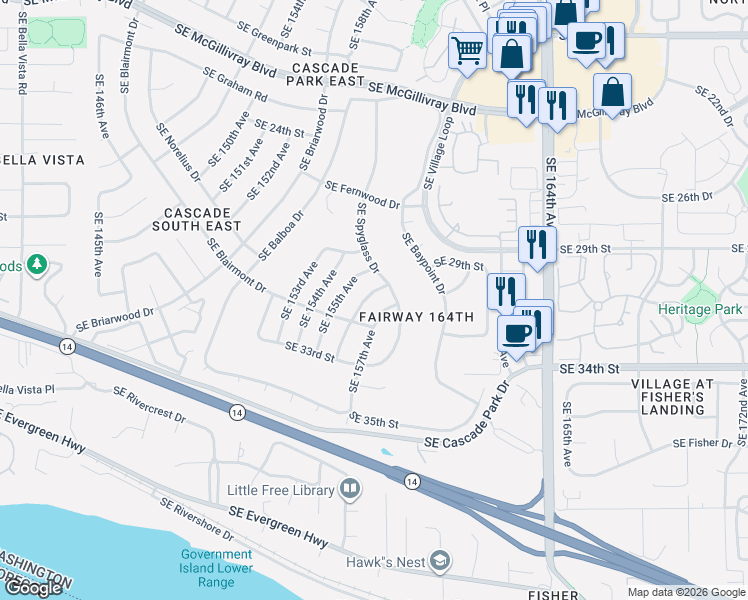 map of restaurants, bars, coffee shops, grocery stores, and more near 3006 Southeast 157th Avenue in Vancouver