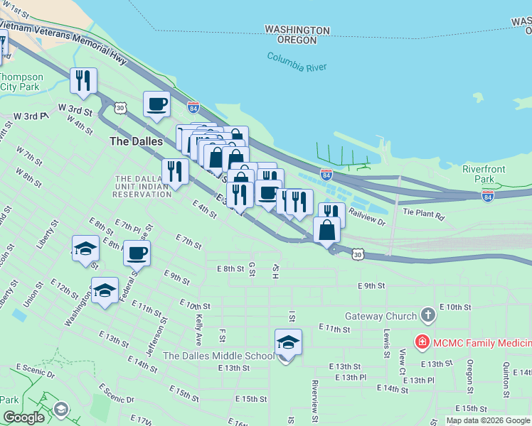 map of restaurants, bars, coffee shops, grocery stores, and more near 700 East 2nd Street in The Dalles