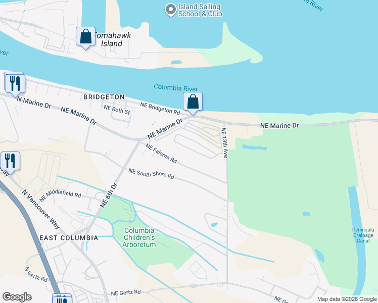 map of restaurants, bars, coffee shops, grocery stores, and more near 1006 Northeast Mariners Loop in Portland