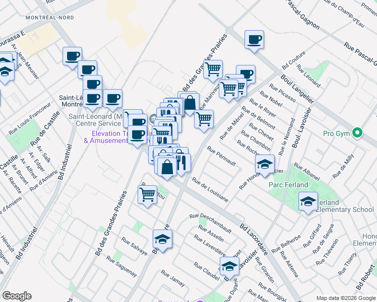 map of restaurants, bars, coffee shops, grocery stores, and more near 5899 Boulevard Couture in Montréal
