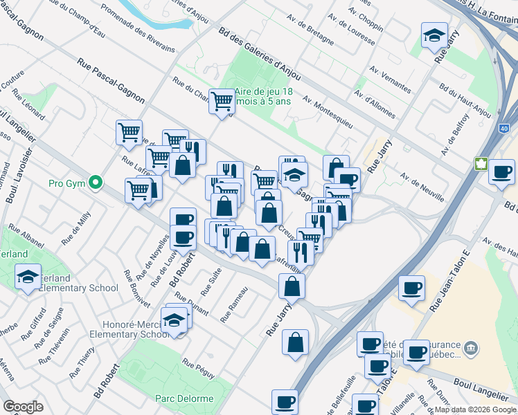 map of restaurants, bars, coffee shops, grocery stores, and more near 8305 Rue du Creusot in Montréal