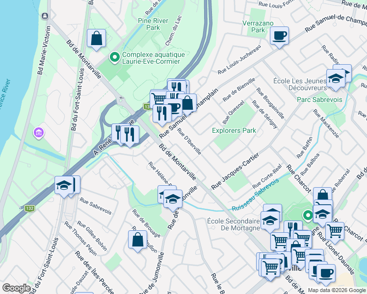 map of restaurants, bars, coffee shops, grocery stores, and more near 799 Rue François Gravé in Boucherville