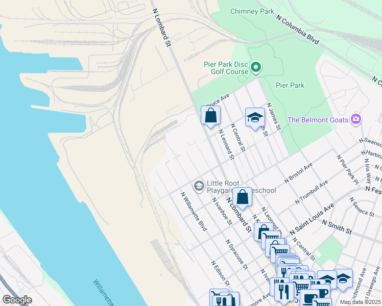 map of restaurants, bars, coffee shops, grocery stores, and more near 10045 North Ivanhoe Street in Portland