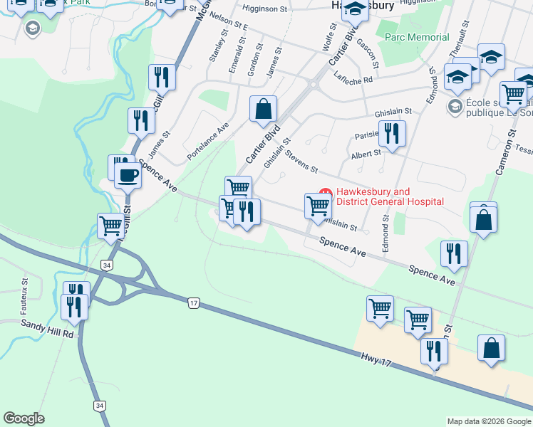 map of restaurants, bars, coffee shops, grocery stores, and more near 465 Spence Avenue in Hawkesbury