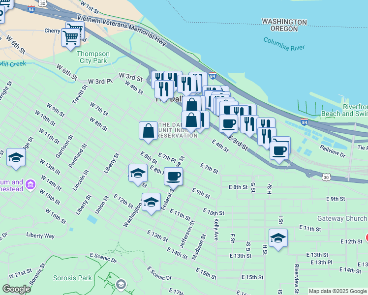 map of restaurants, bars, coffee shops, grocery stores, and more near 610 Washington Street in The Dalles