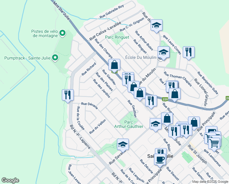 map of restaurants, bars, coffee shops, grocery stores, and more near 1732 Rue des Prairies in Sainte-Julie