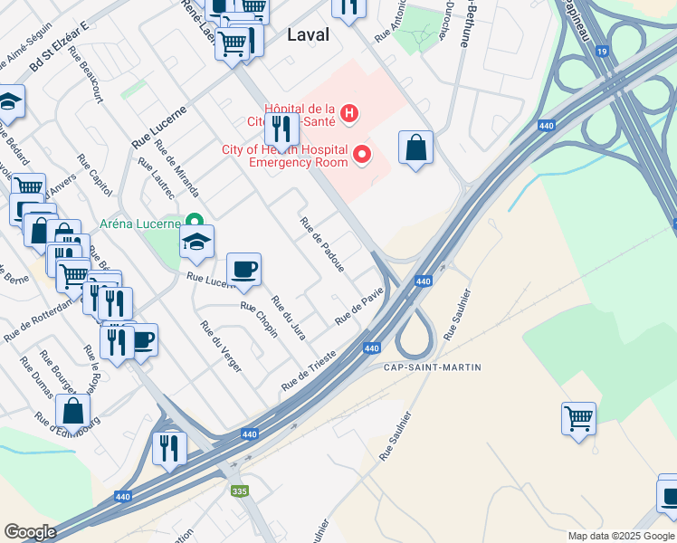 map of restaurants, bars, coffee shops, grocery stores, and more near 1512 Rue de Padoue in Laval
