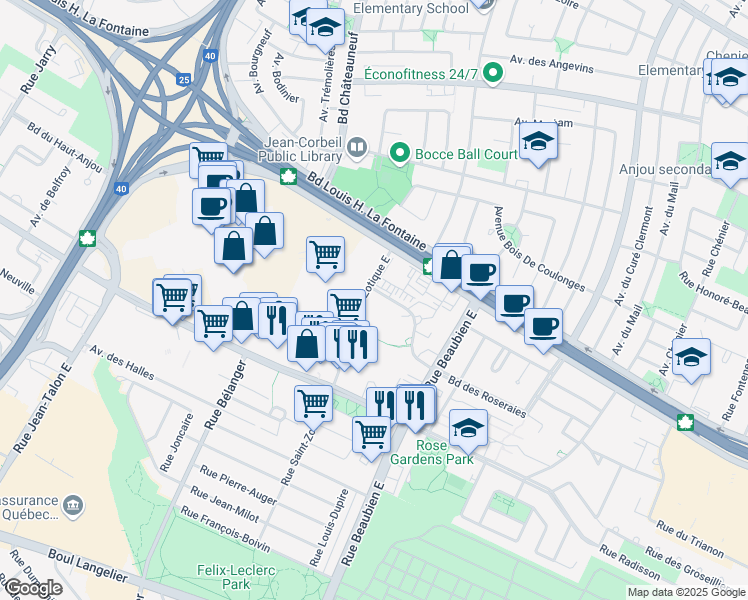 map of restaurants, bars, coffee shops, grocery stores, and more near 7000 Boulevard des Roseraies in Montréal