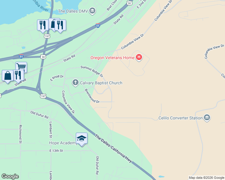 map of restaurants, bars, coffee shops, grocery stores, and more near 3532 Royal Crest Drive East in The Dalles