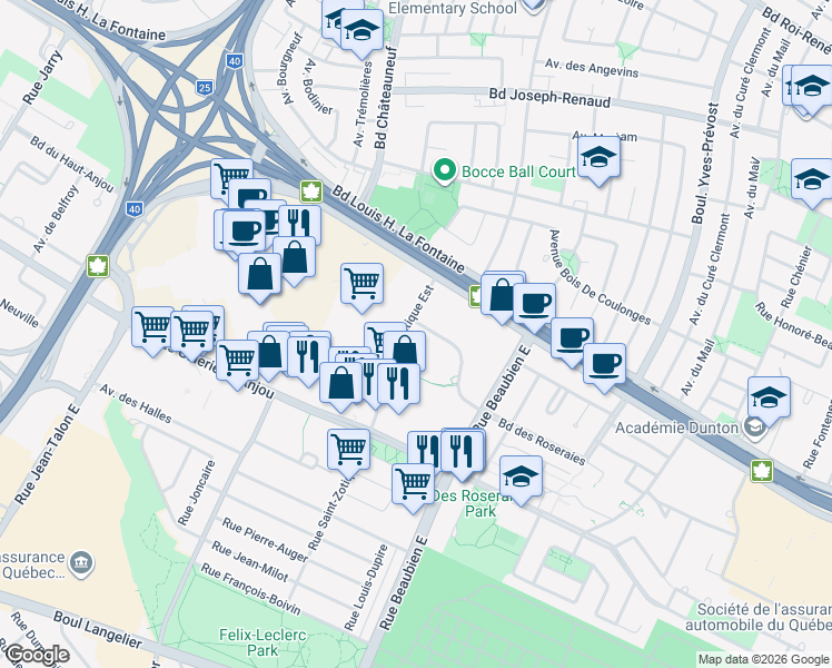 map of restaurants, bars, coffee shops, grocery stores, and more near 7000 Boulevard des Roseraies in Montréal