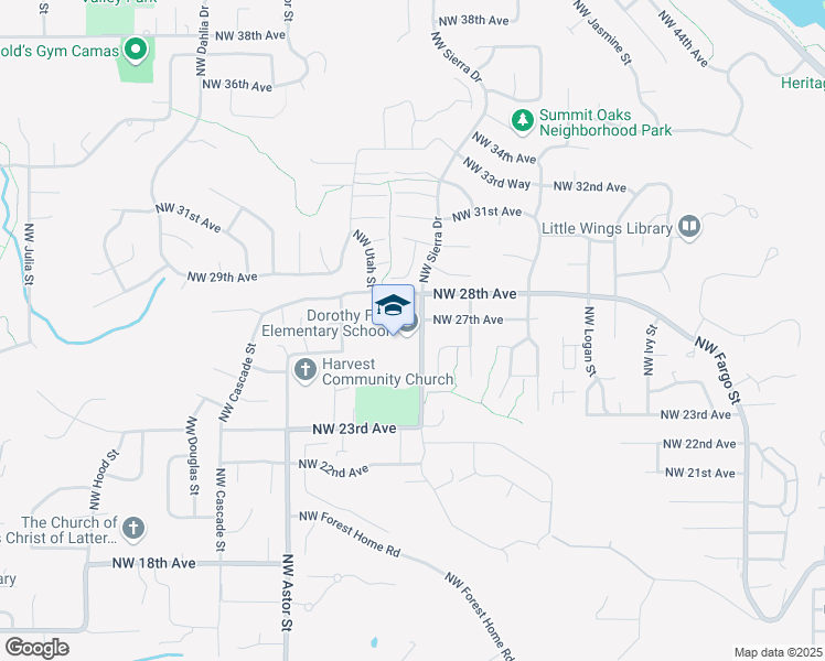 map of restaurants, bars, coffee shops, grocery stores, and more near 2623 Northwest Sierra Street in Camas