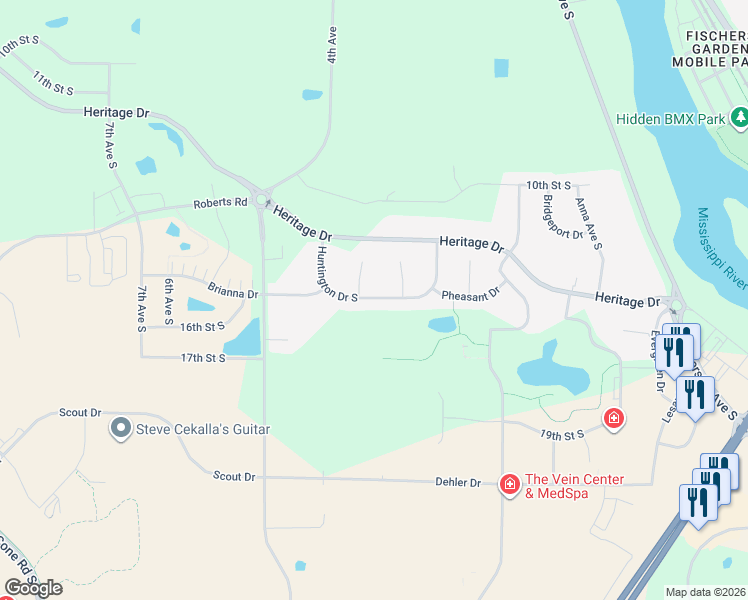 map of restaurants, bars, coffee shops, grocery stores, and more near 616 Huntington Drive South in Sartell