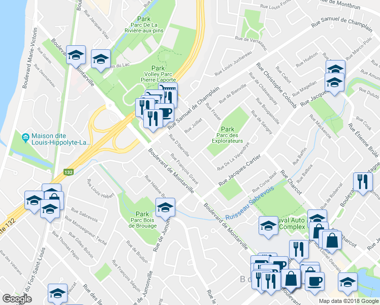 map of restaurants, bars, coffee shops, grocery stores, and more near 813 Rue D'Iberville in Boucherville