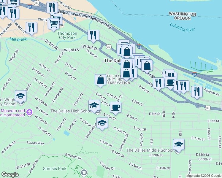 map of restaurants, bars, coffee shops, grocery stores, and more near 722 Court Street in The Dalles